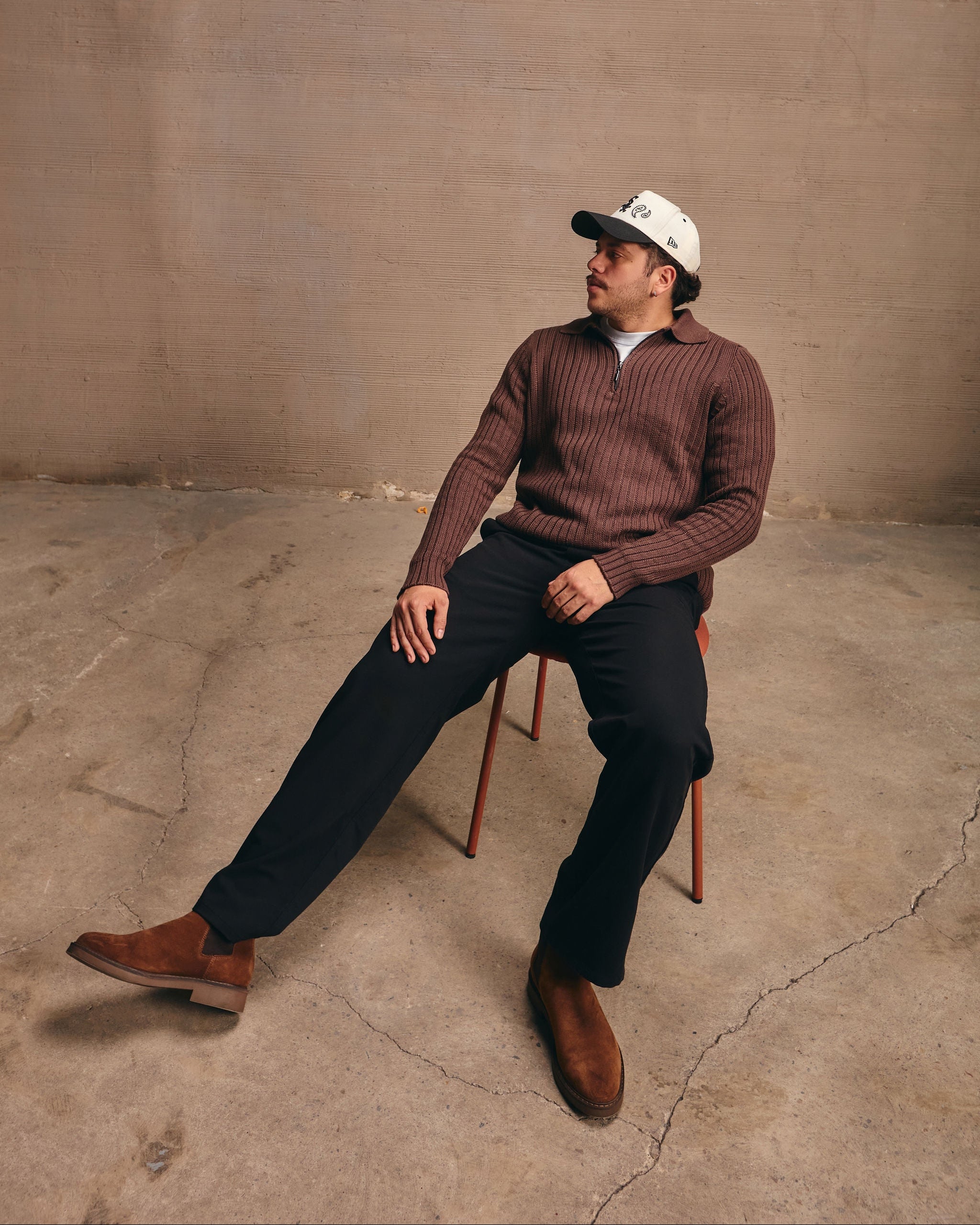 Halfzip Mocca, Saco tejido café con cremallera